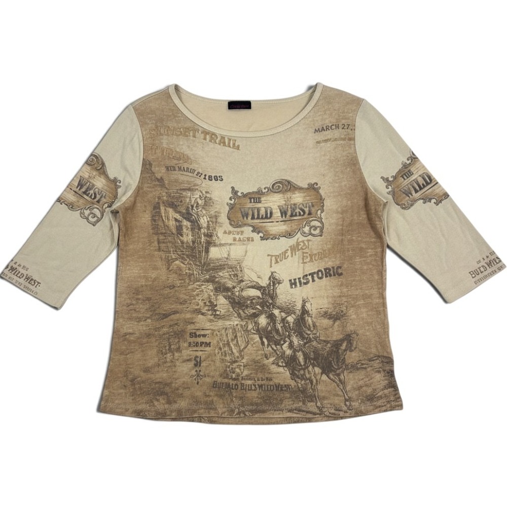 Candy Rain The Wild West Graphic Print 3/4 Sleeve Top Brown Tan Scoop Neck